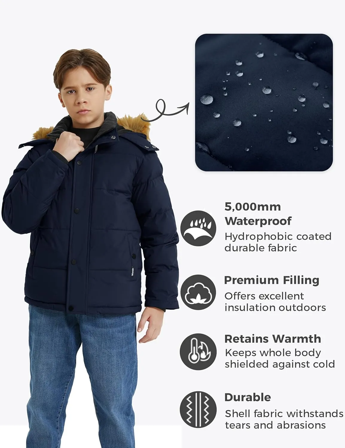 wantdo Boys' Winter Coat Warm Puffer Coat Waterproof Winter Jacket with Faux Fur Hood