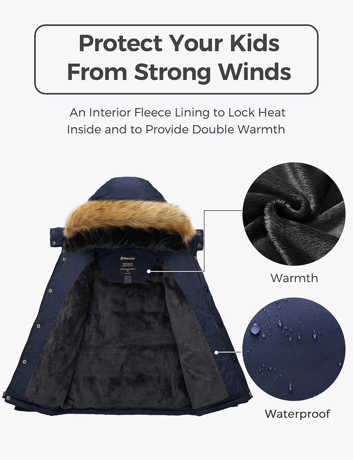 wantdo Boys' Winter Coat Warm Puffer Coat Waterproof Winter Jacket with Faux Fur Hood