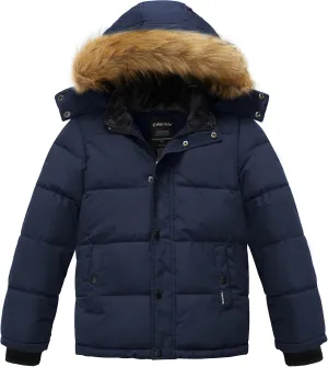 wantdo Boys' Winter Coat Warm Puffer Coat Waterproof Winter Jacket with Faux Fur Hood