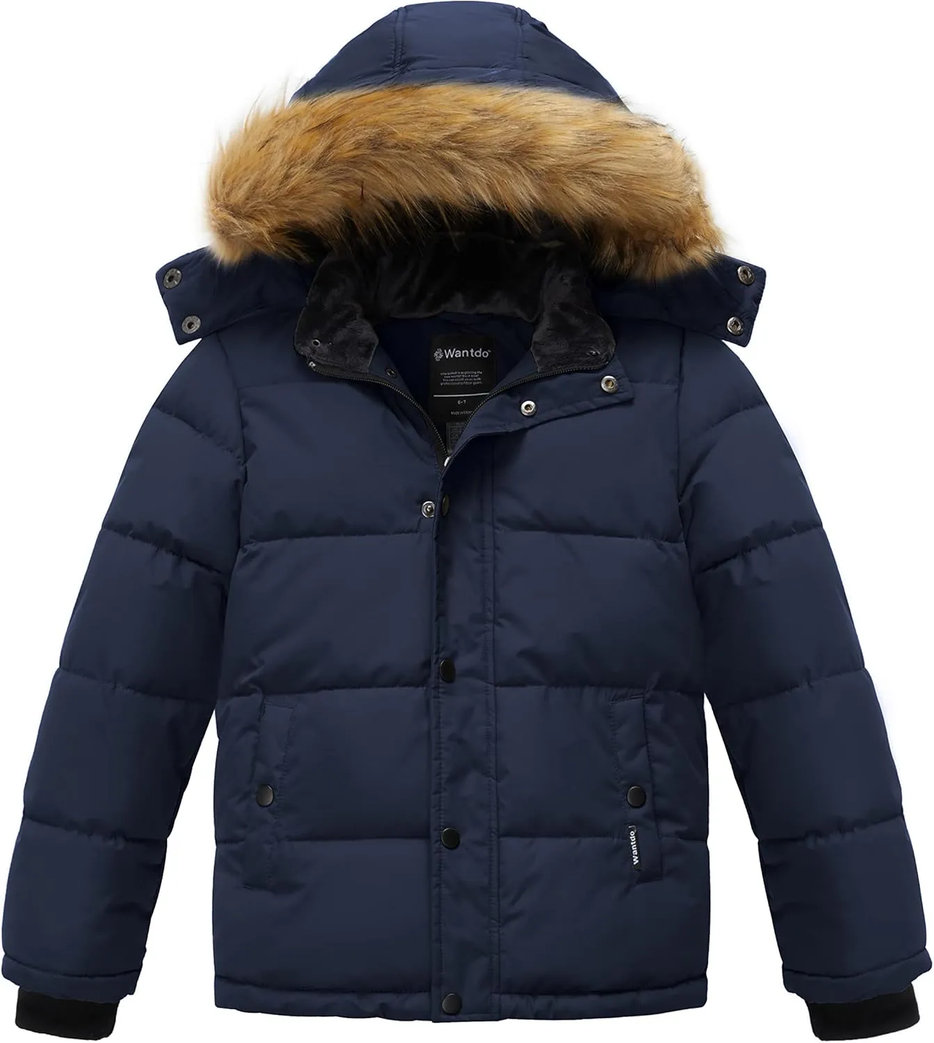 wantdo Boys' Winter Coat Warm Puffer Coat Waterproof Winter Jacket with Faux Fur Hood