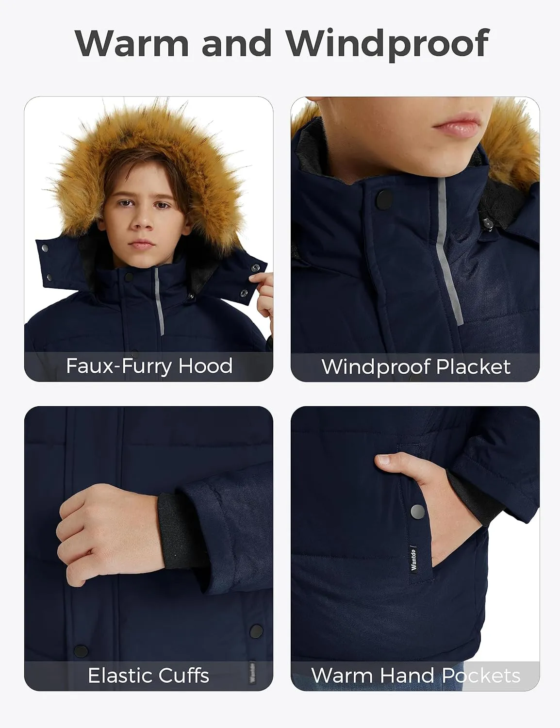 wantdo Boys' Winter Coat Warm Puffer Coat Waterproof Winter Jacket with Faux Fur Hood
