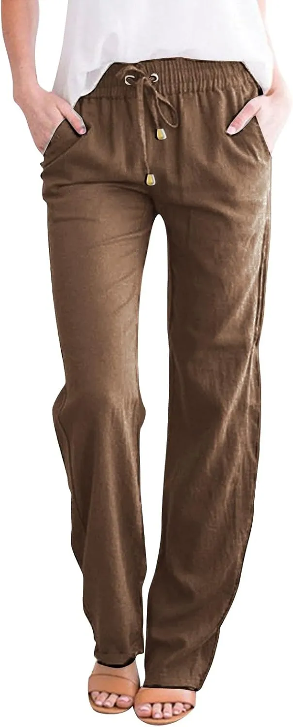 Wide Leg Linen Pants for Women Plus Size High Elastic Waist Baggy Cotton Pants with Pockets Stretch Casual Summer Trousers