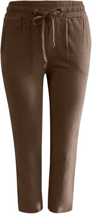 Wide Leg Linen Pants for Women Plus Size High Elastic Waist Baggy Cotton Pants with Pockets Stretch Casual Summer Trousers