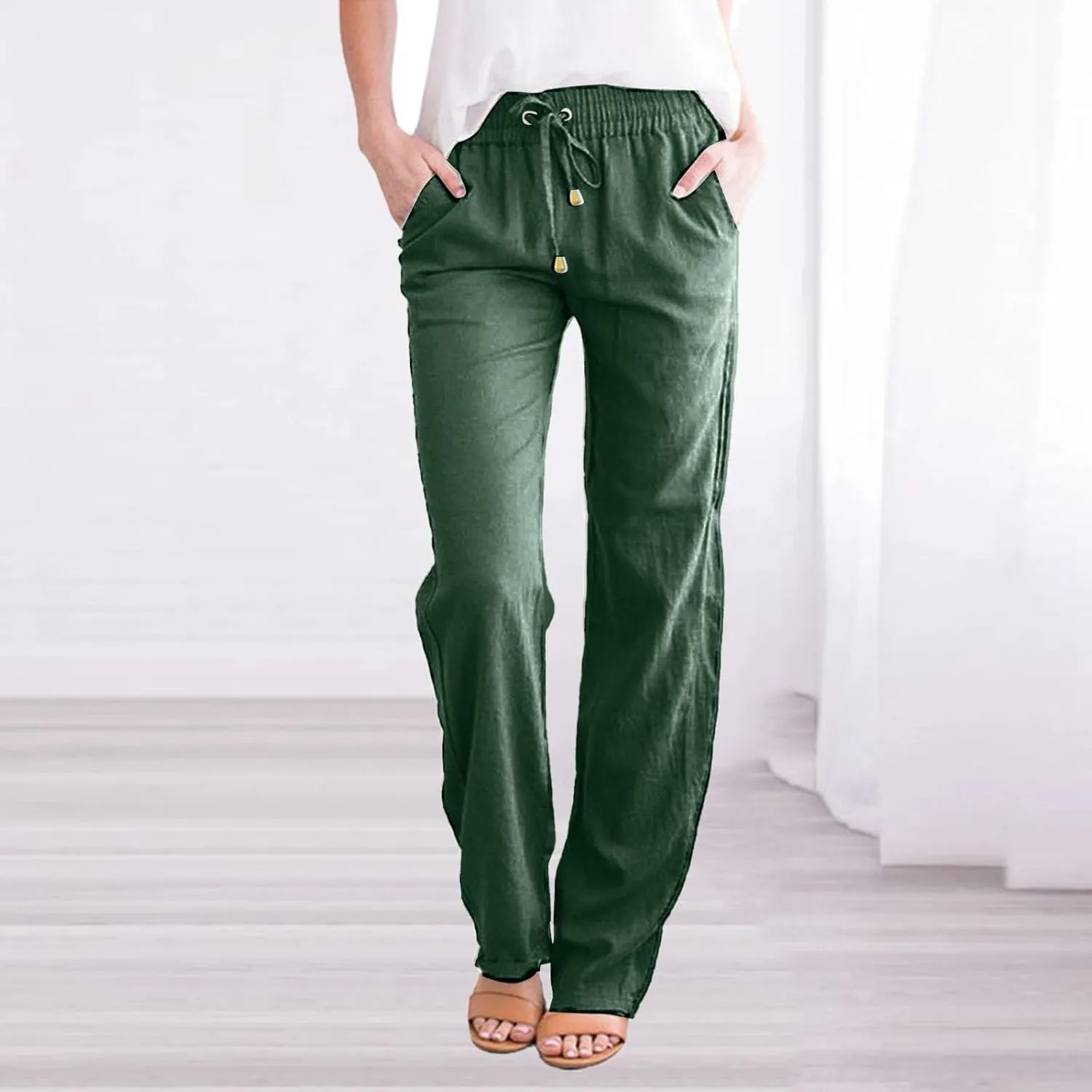Wide Leg Linen Pants for Women Plus Size High Elastic Waist Baggy Cotton Pants with Pockets Stretch Casual Summer Trousers