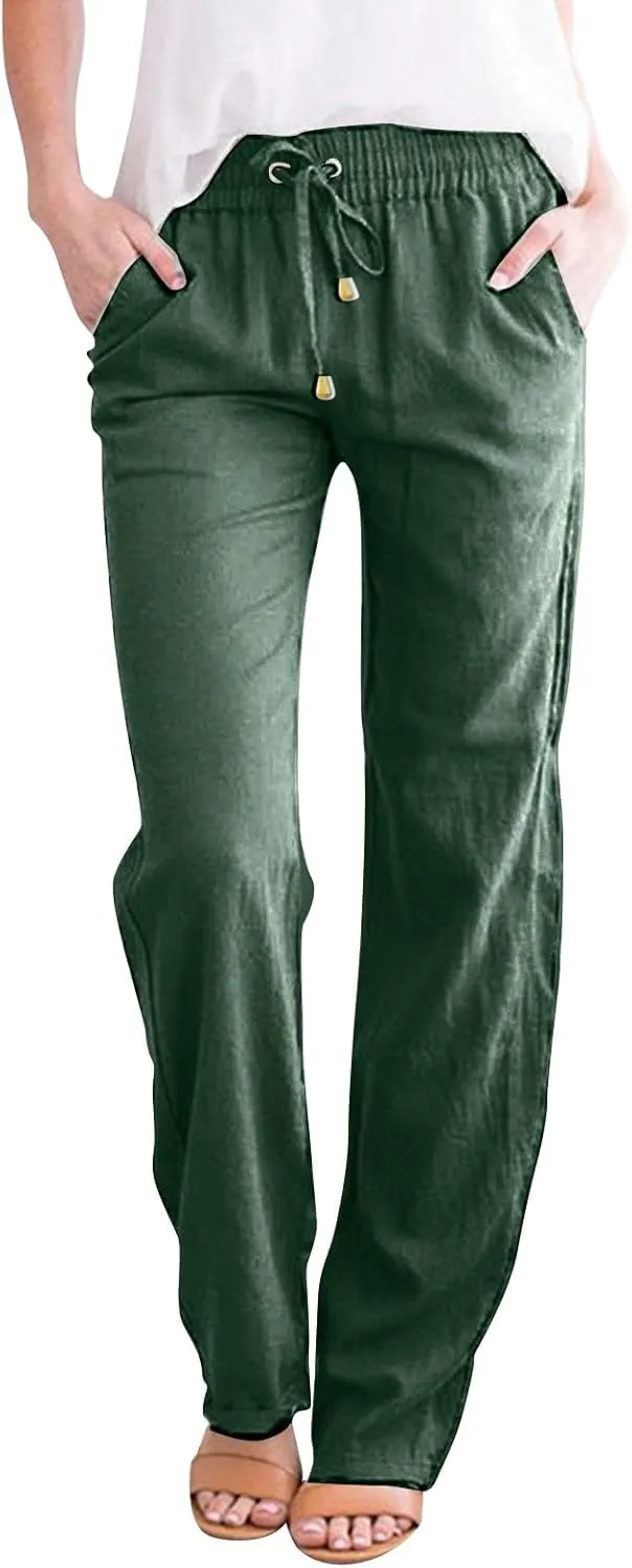 Wide Leg Linen Pants for Women Plus Size High Elastic Waist Baggy Cotton Pants with Pockets Stretch Casual Summer Trousers