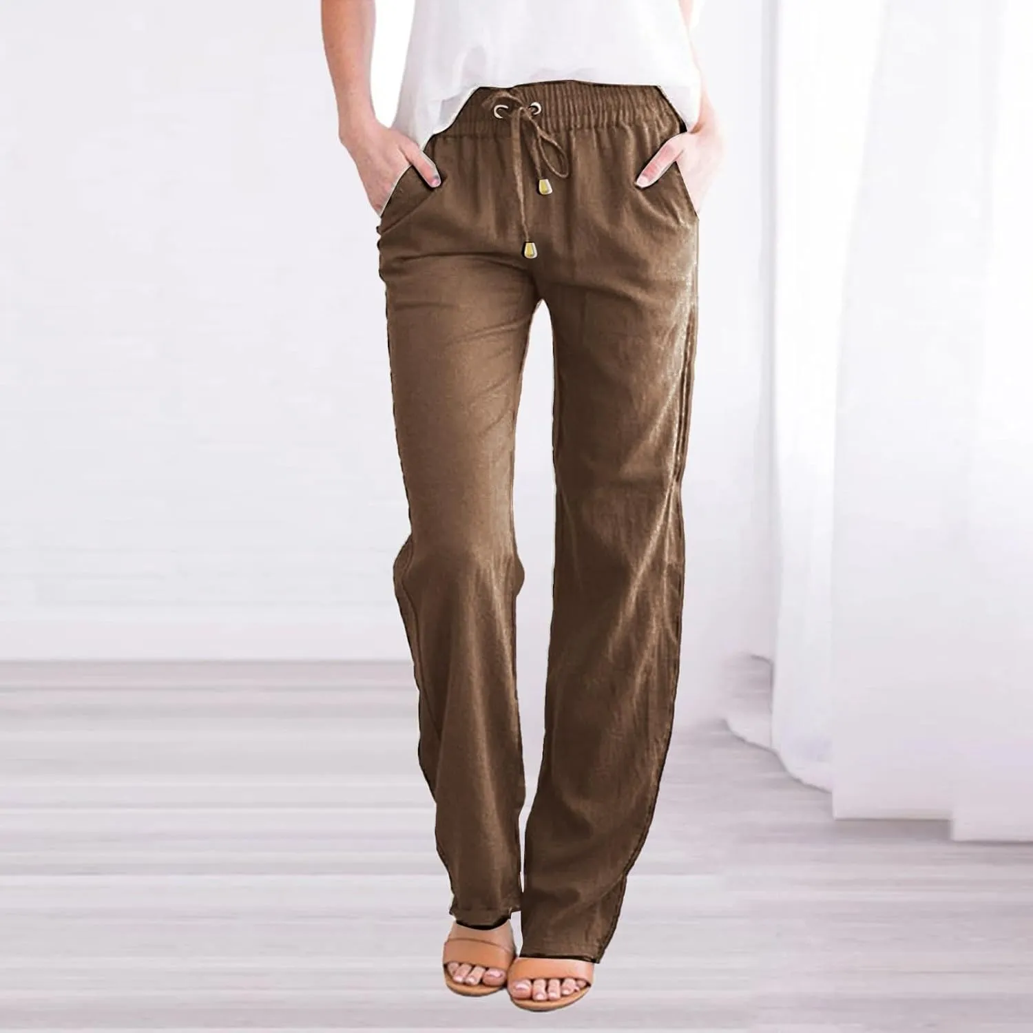 Wide Leg Linen Pants for Women Plus Size High Elastic Waist Baggy Cotton Pants with Pockets Stretch Casual Summer Trousers