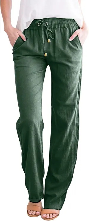 Wide Leg Linen Pants for Women Plus Size High Elastic Waist Baggy Cotton Pants with Pockets Stretch Casual Summer Trousers