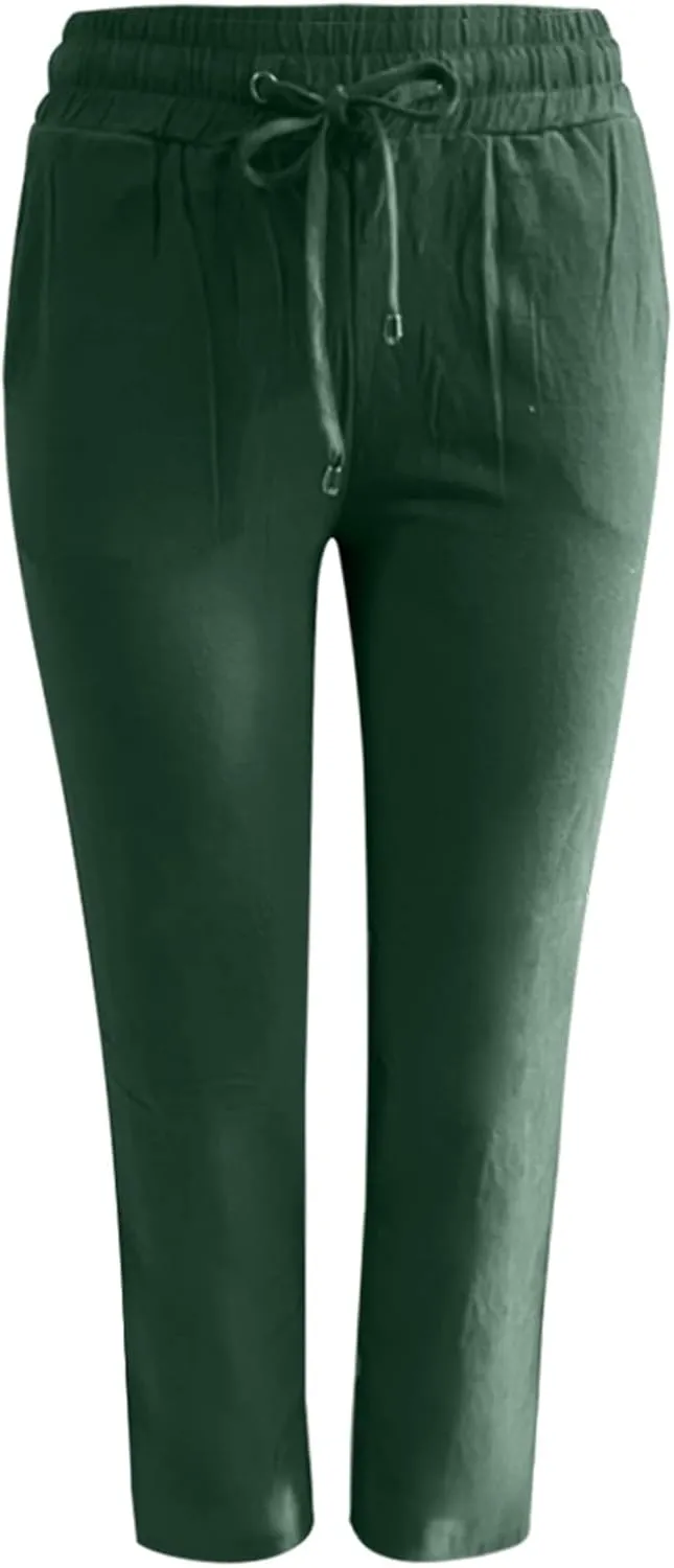 Wide Leg Linen Pants for Women Plus Size High Elastic Waist Baggy Cotton Pants with Pockets Stretch Casual Summer Trousers