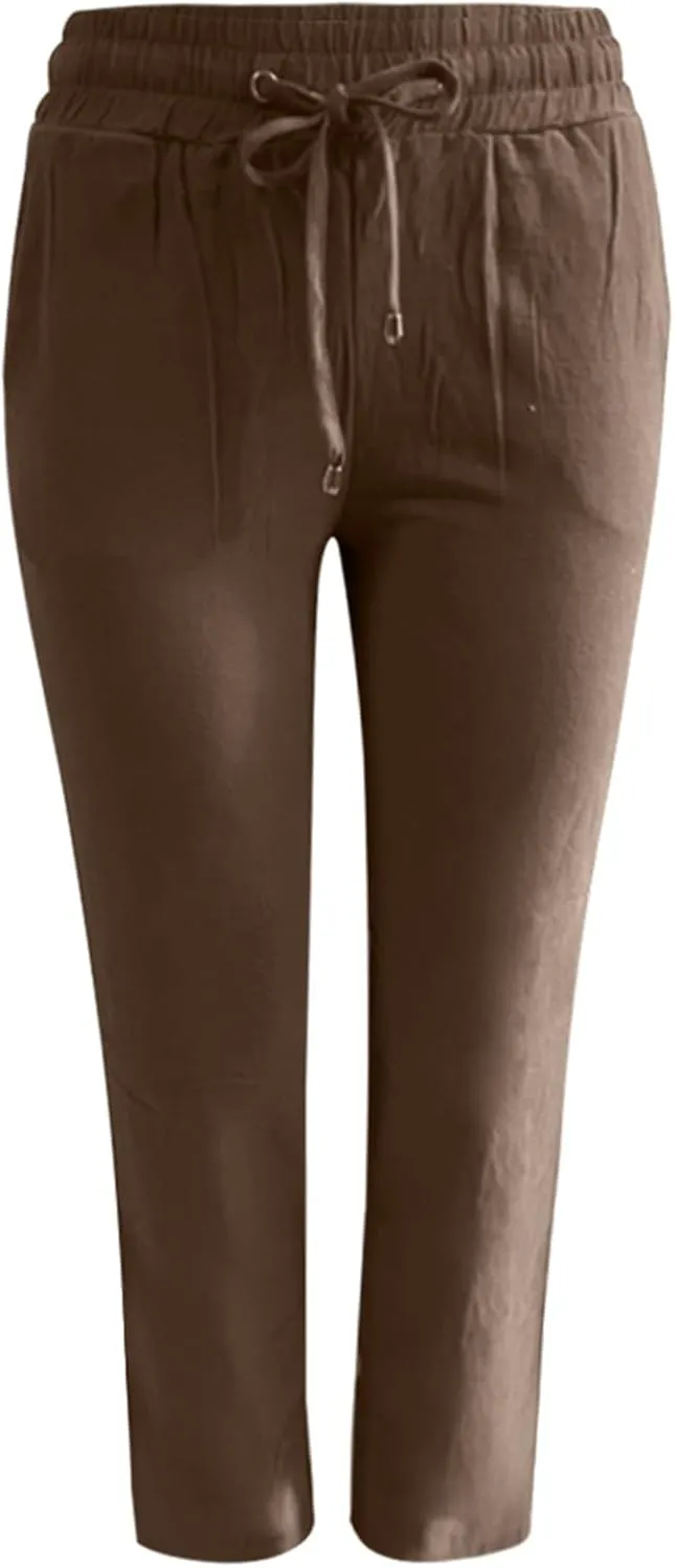 Wide Leg Linen Pants for Women Plus Size High Elastic Waist Baggy Cotton Pants with Pockets Stretch Casual Summer Trousers