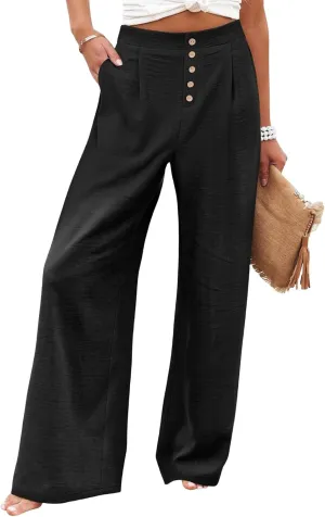 Wide Leg Pants for Women Summer Fashion Button High Waist Pant Solid Color Casual Loose Business Pants with Pocket