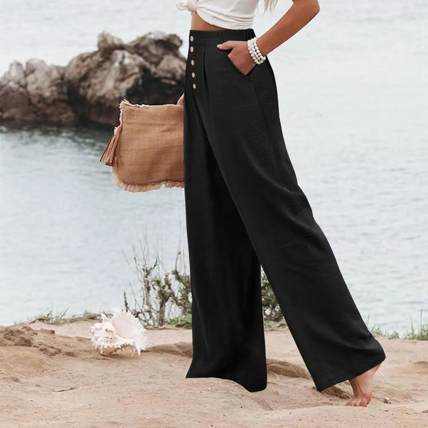 Wide Leg Pants for Women Summer Fashion Button High Waist Pant Solid Color Casual Loose Business Pants with Pocket