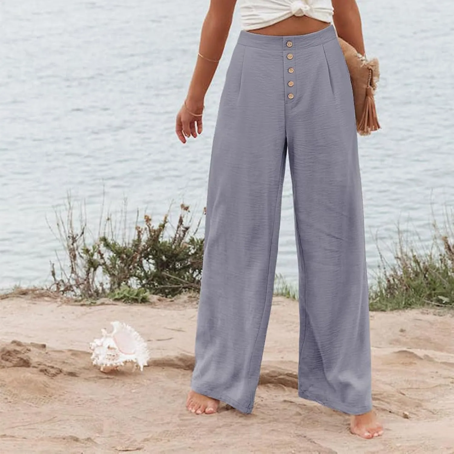 Wide Leg Pants for Women Summer Fashion Button High Waist Pant Solid Color Casual Loose Business Pants with Pocket