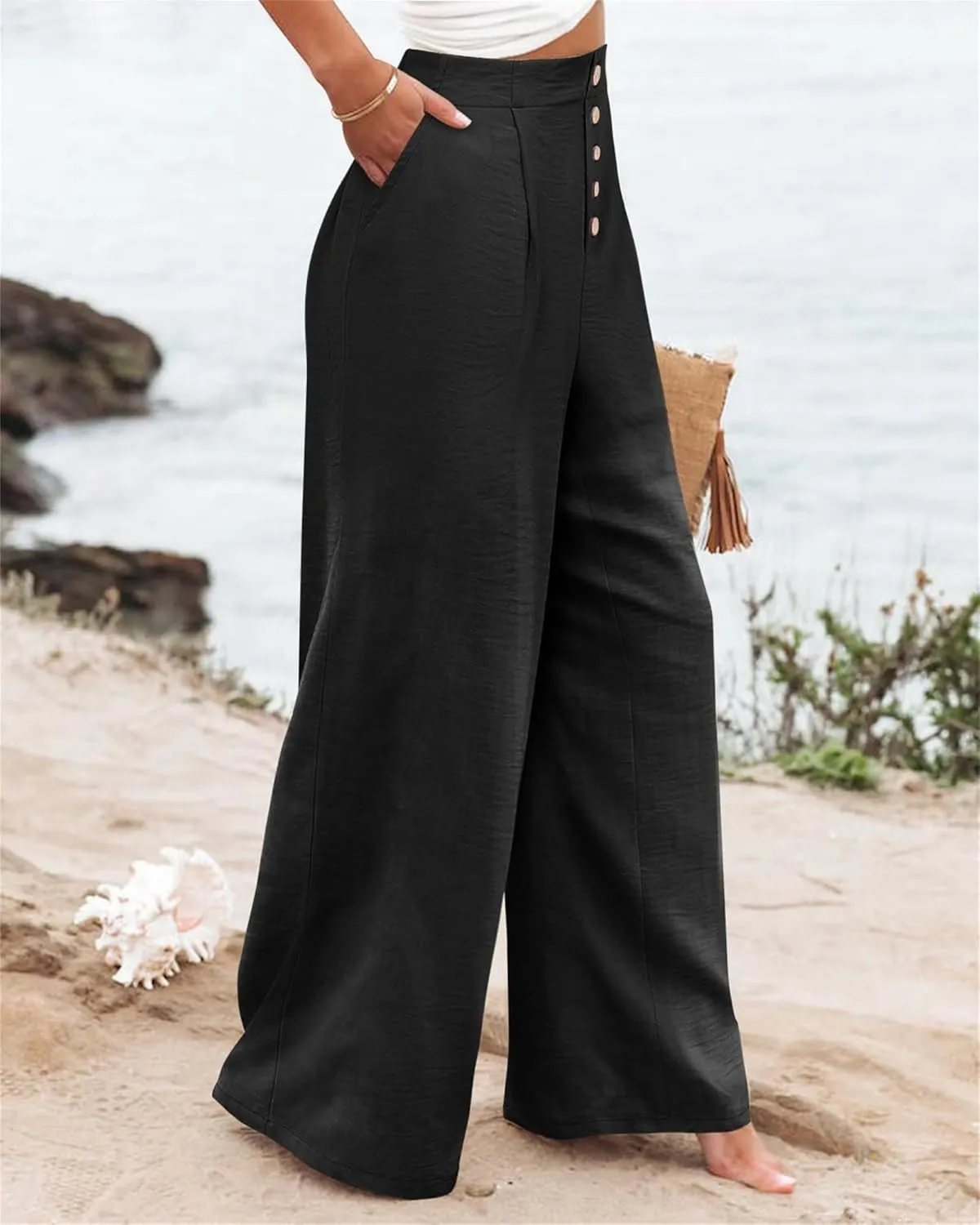 Wide Leg Pants for Women Summer Fashion Button High Waist Pant Solid Color Casual Loose Business Pants with Pocket