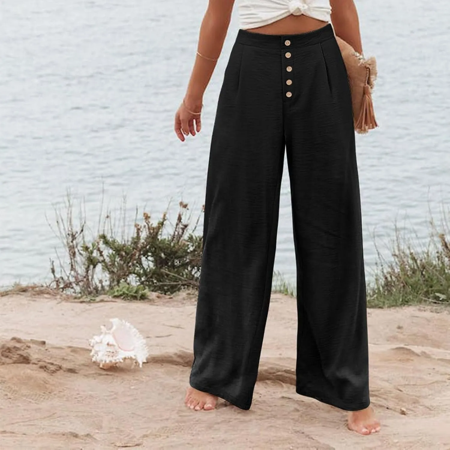 Wide Leg Pants for Women Summer Fashion Button High Waist Pant Solid Color Casual Loose Business Pants with Pocket