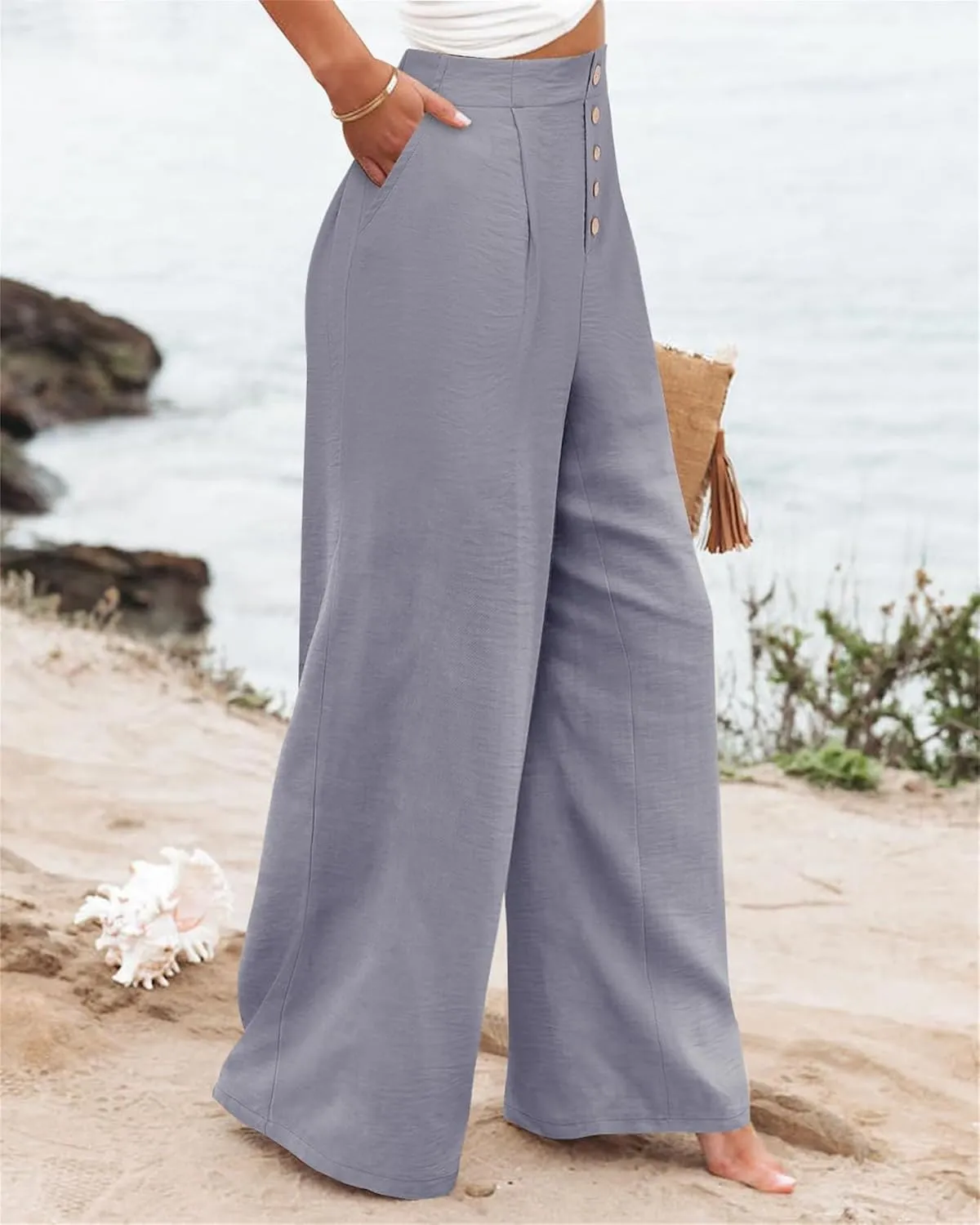 Wide Leg Pants for Women Summer Fashion Button High Waist Pant Solid Color Casual Loose Business Pants with Pocket