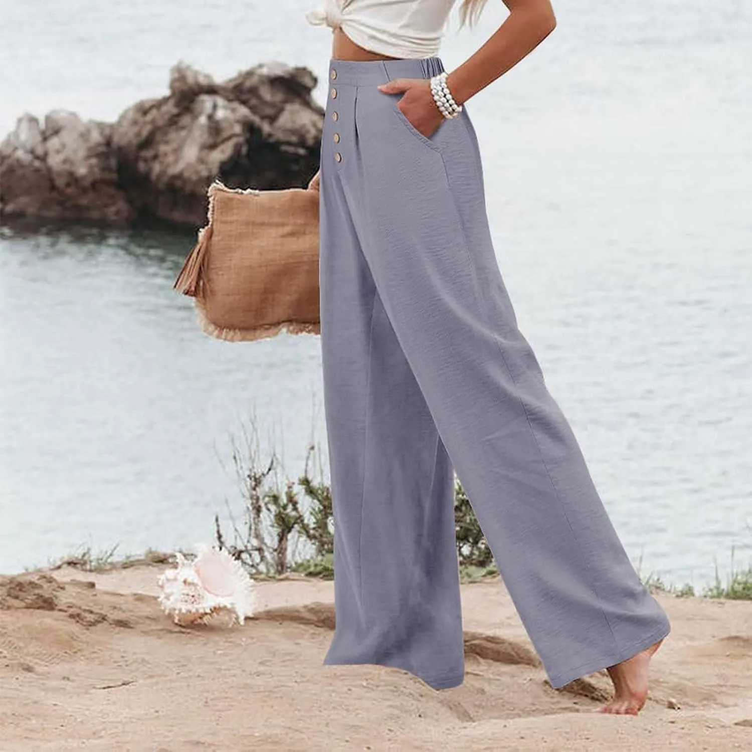 Wide Leg Pants for Women Summer Fashion Button High Waist Pant Solid Color Casual Loose Business Pants with Pocket