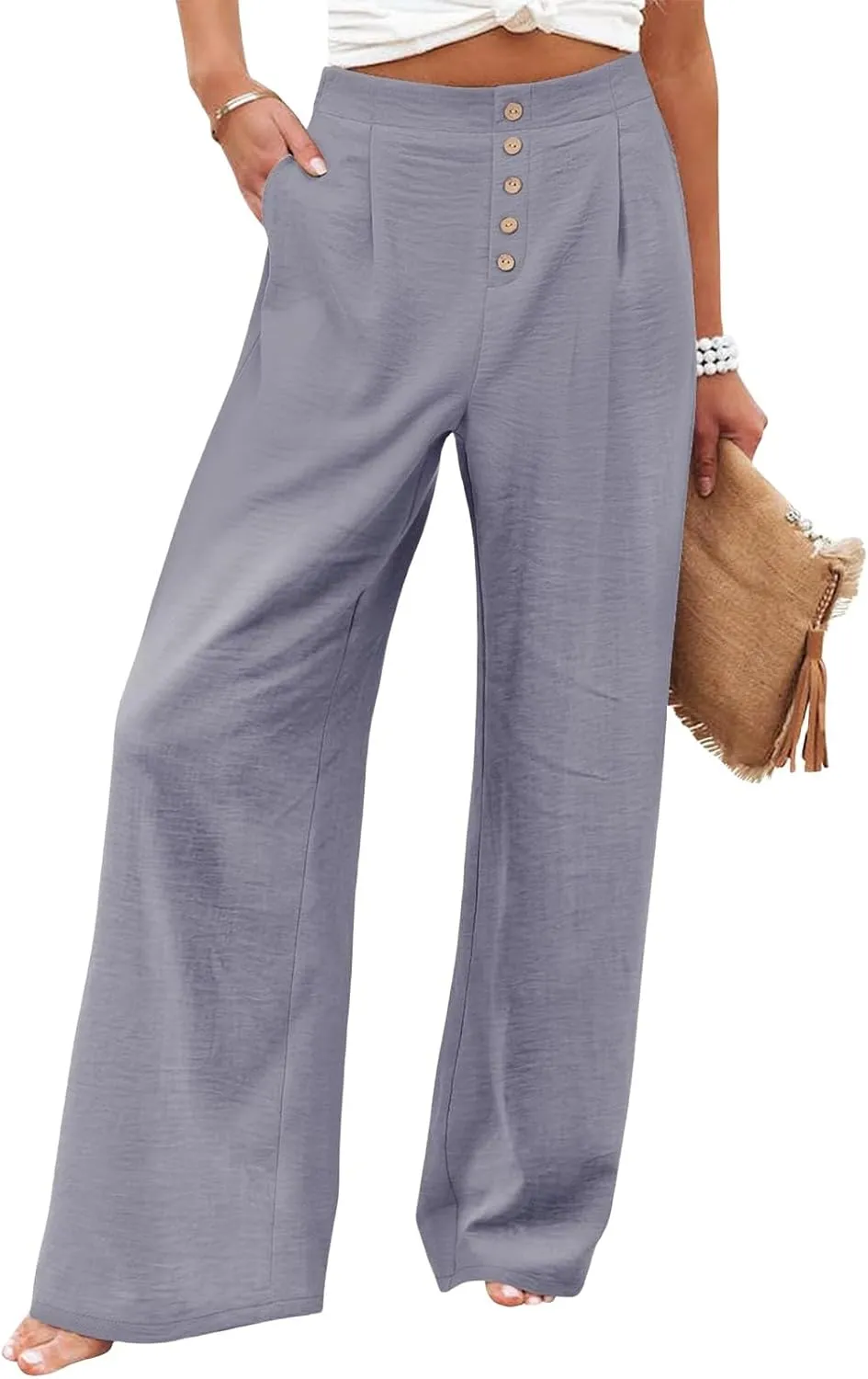 Wide Leg Pants for Women Summer Fashion Button High Waist Pant Solid Color Casual Loose Business Pants with Pocket