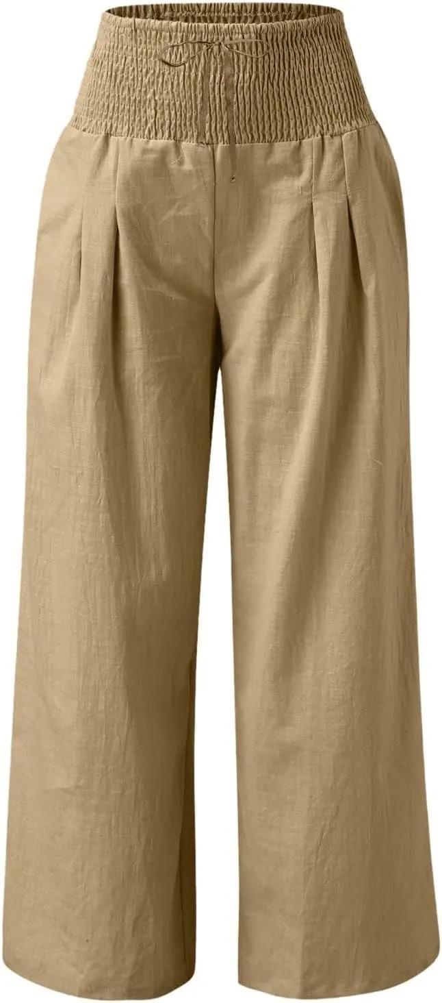 Wide Leg Pants for Women Summer High Waist Cotton Linen Pants Casual Fashion Beach Pant Solid Color Loose Trousers
