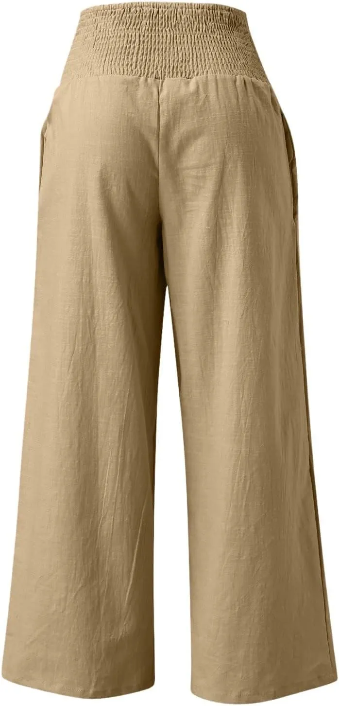 Wide Leg Pants for Women Summer High Waist Cotton Linen Pants Casual Fashion Beach Pant Solid Color Loose Trousers