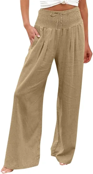 Wide Leg Pants for Women Summer High Waist Cotton Linen Pants Casual Fashion Beach Pant Solid Color Loose Trousers