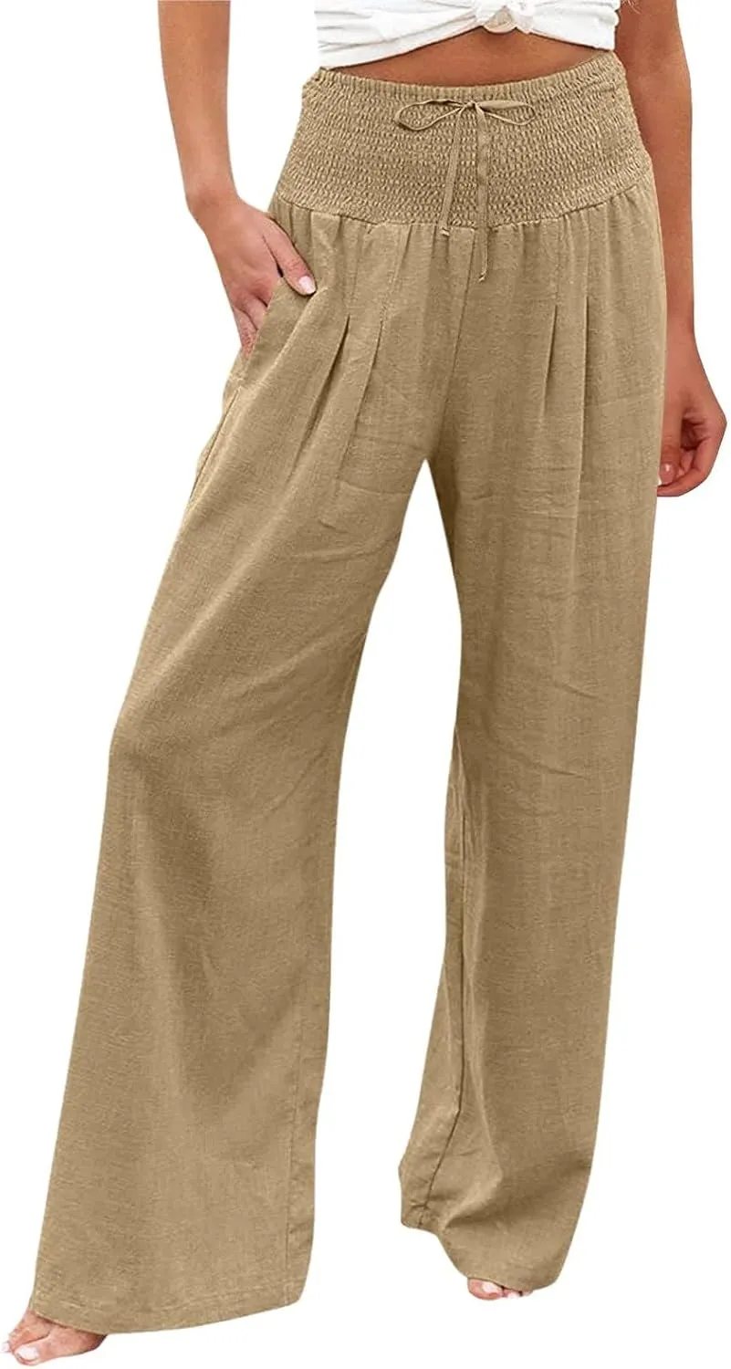 Wide Leg Pants for Women Summer High Waist Cotton Linen Pants Casual Fashion Beach Pant Solid Color Loose Trousers