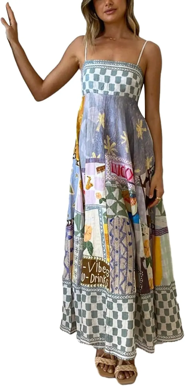 Women Cami Maxi Dress Cute Print Loose Sleeveless Spaghetti Strap Boho Long Dress Flowy Graffiti Beach A Line Sundress