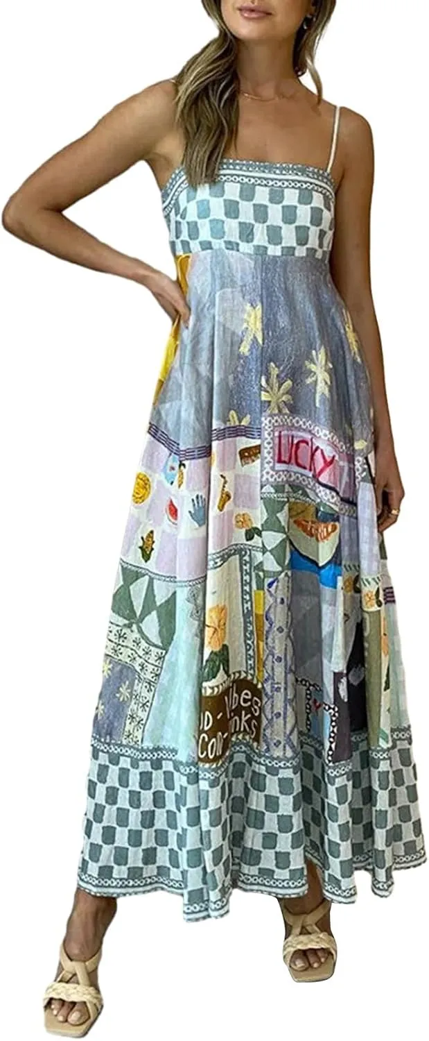 Women Cami Maxi Dress Cute Print Loose Sleeveless Spaghetti Strap Boho Long Dress Flowy Graffiti Beach A Line Sundress