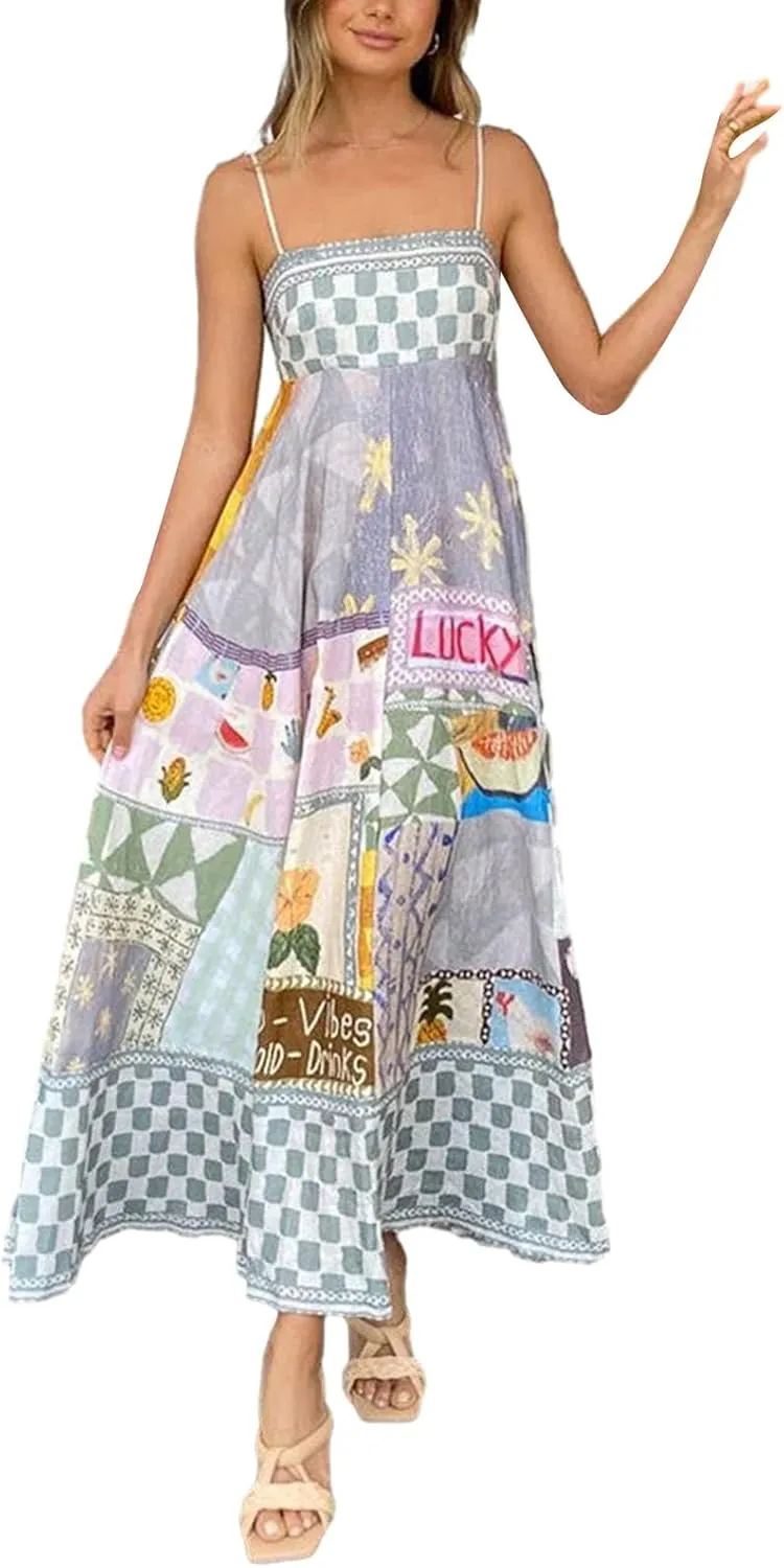 Women Cami Maxi Dress Cute Print Loose Sleeveless Spaghetti Strap Boho Long Dress Flowy Graffiti Beach A Line Sundress