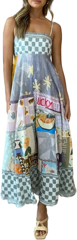 Women Cami Maxi Dress Cute Print Loose Sleeveless Spaghetti Strap Boho Long Dress Flowy Graffiti Beach A Line Sundress