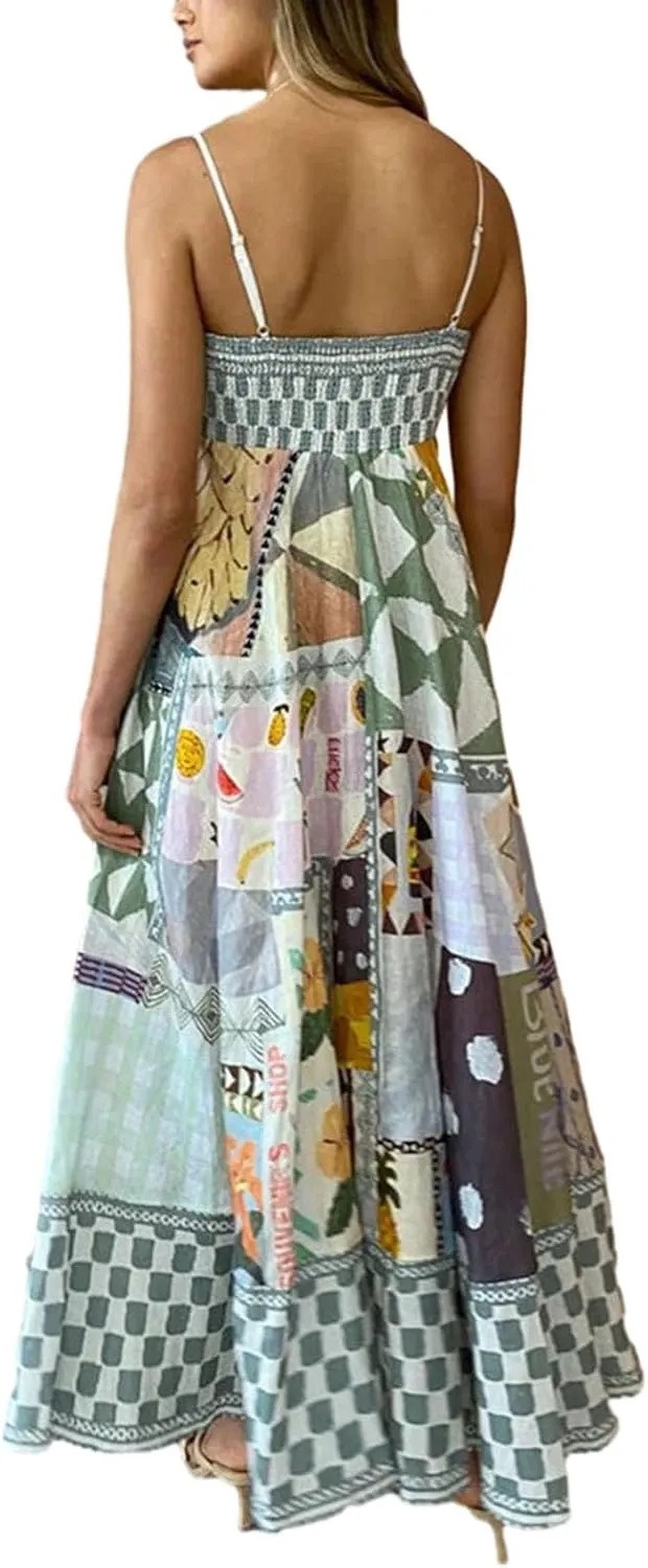 Women Cami Maxi Dress Cute Print Loose Sleeveless Spaghetti Strap Boho Long Dress Flowy Graffiti Beach A Line Sundress