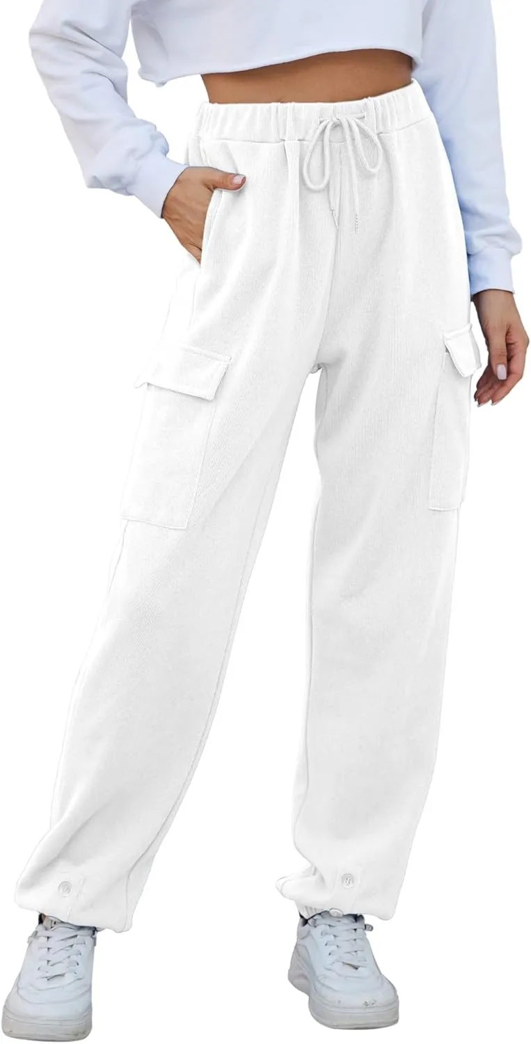 Women Cinch Bottom Cargo Sweatpants Casual Baggy High Waisted Wide Leg Joggers Pants Trousers with Pockets