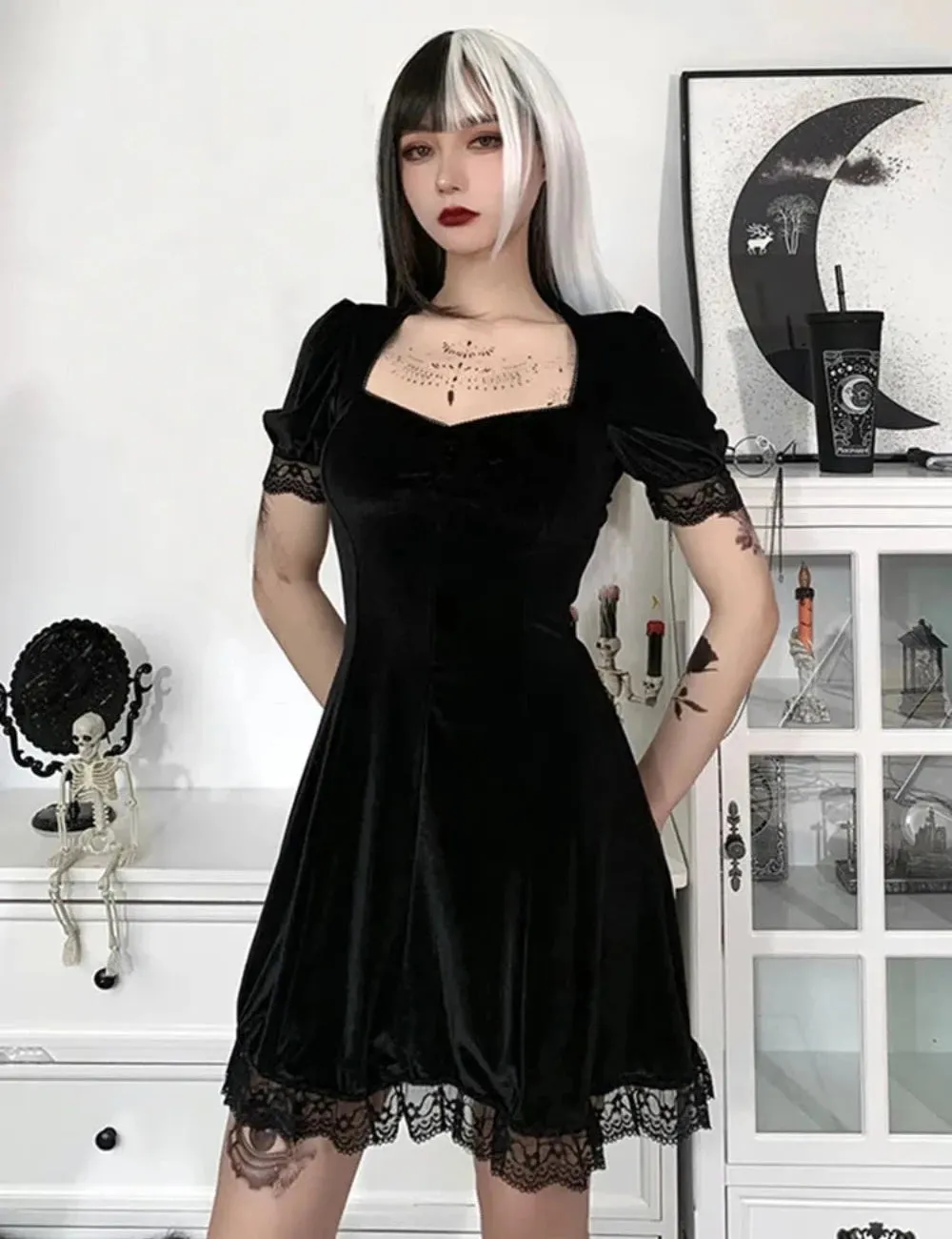 women minidress lace inserts miniskirt straps stylish gothic partydress ✈️ free.shipping