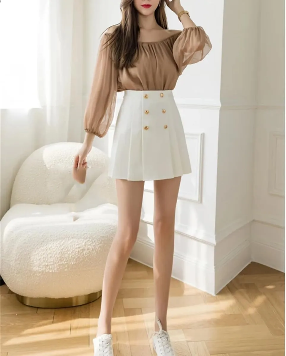 Women Office Summer Pleated Skirts High Waist Zipper Double Breasted Slim Mini Skirt