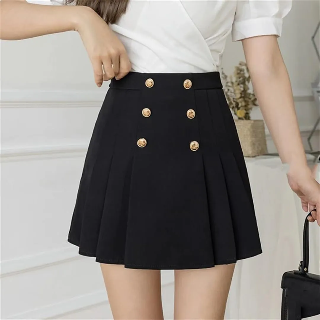 Women Office Summer Pleated Skirts High Waist Zipper Double Breasted Slim Mini Skirt