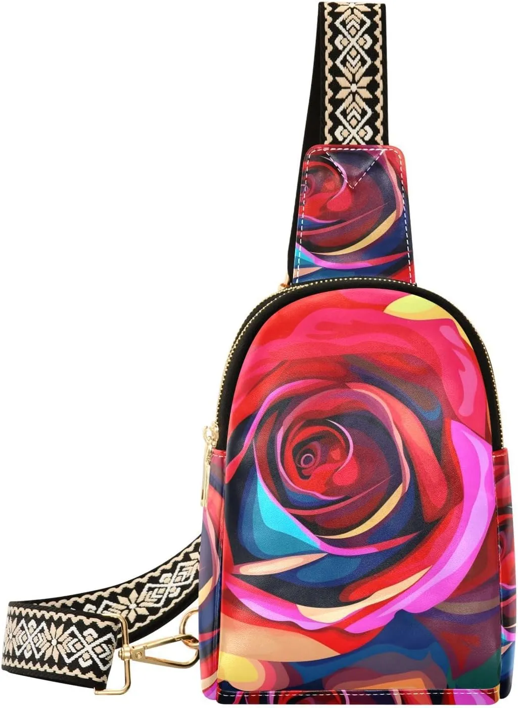 Women Sling Bag with Adjustable Strap Zipper Closure-Vivid Rose Print, PU Leather Water Resistant Crossbody Fanny Pack Purse Chest Bag