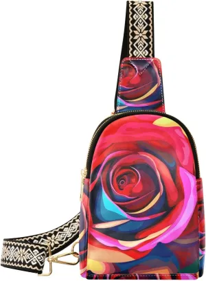 Women Sling Bag with Adjustable Strap Zipper Closure-Vivid Rose Print, PU Leather Water Resistant Crossbody Fanny Pack Purse Chest Bag