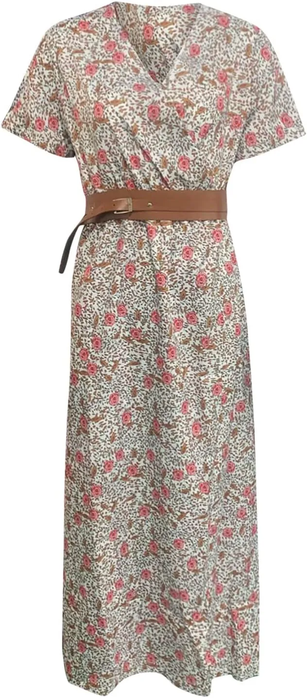 Women Summer Bohemian Floral Casual Wrap V Neck Ruffle Cap Sleeveless Belt A-Line Pleated Hem Midi Sun Dress White