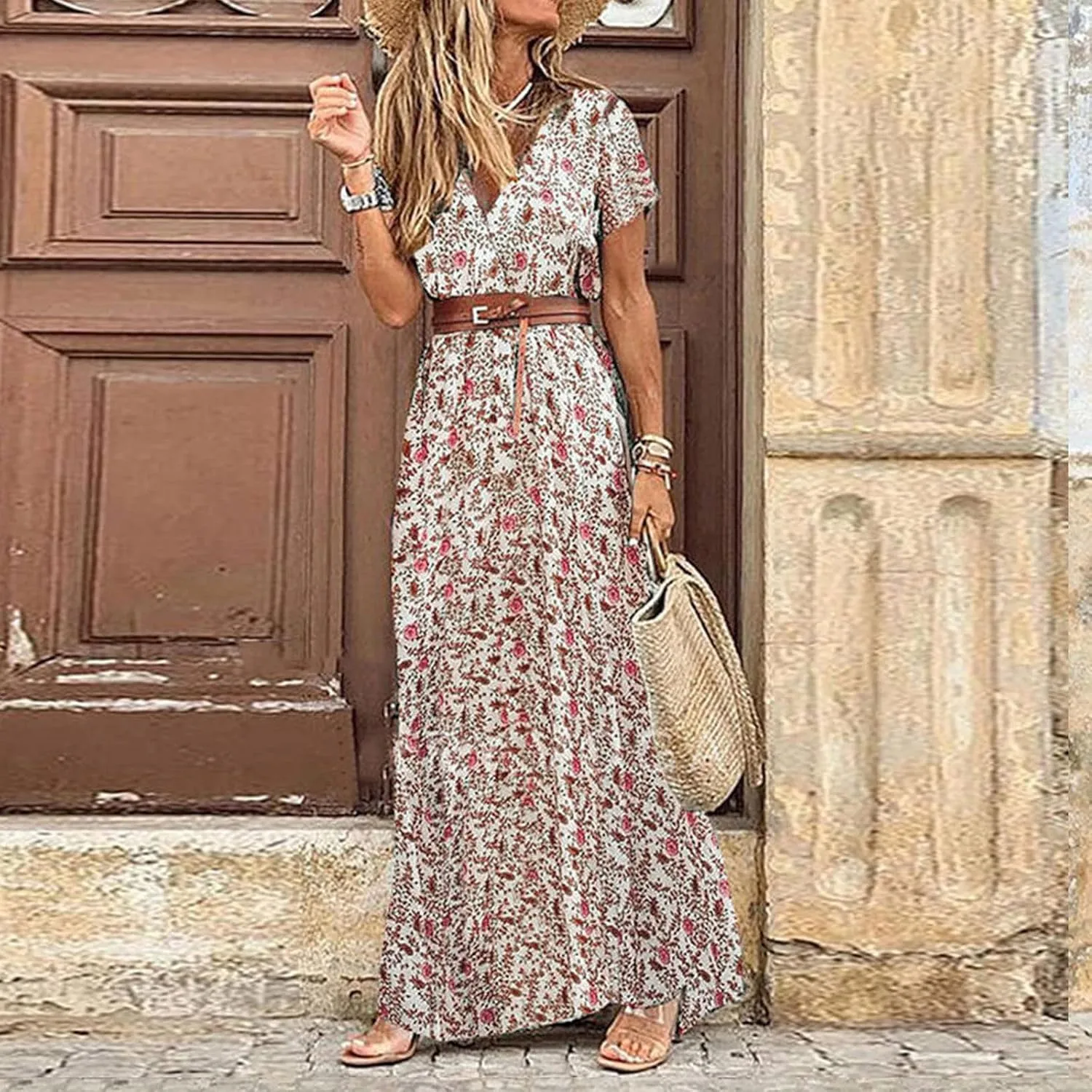Women Summer Bohemian Floral Casual Wrap V Neck Ruffle Cap Sleeveless Belt A-Line Pleated Hem Midi Sun Dress White