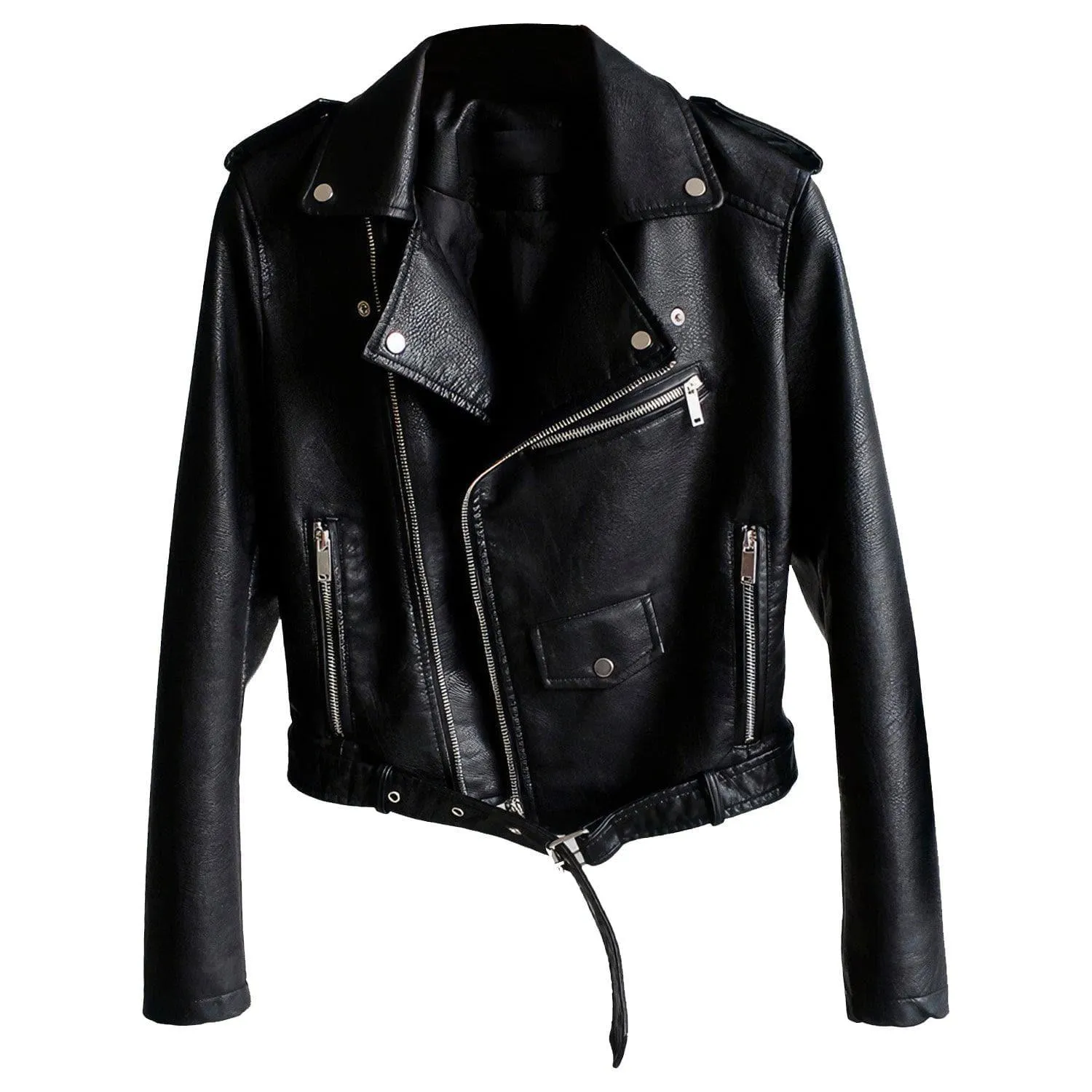 Women’s Black Real Sheepskin Belted Slim Fit Biker Jacket | Real Leather