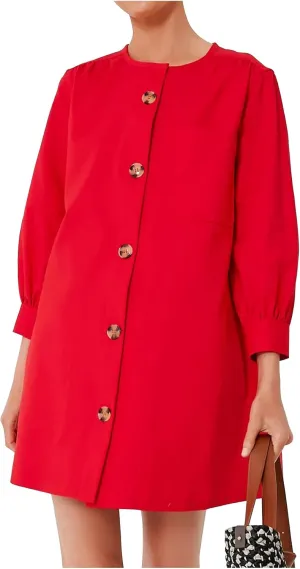 Women's Button Down Mini Dress Long Puff Sleeve Loose Fit Shift Dresses with Pockets