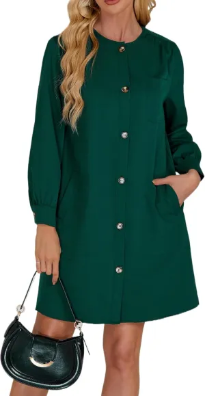 Women's Button Down Mini Dress Long Puff Sleeve Loose Fit Shift Dresses with Pockets