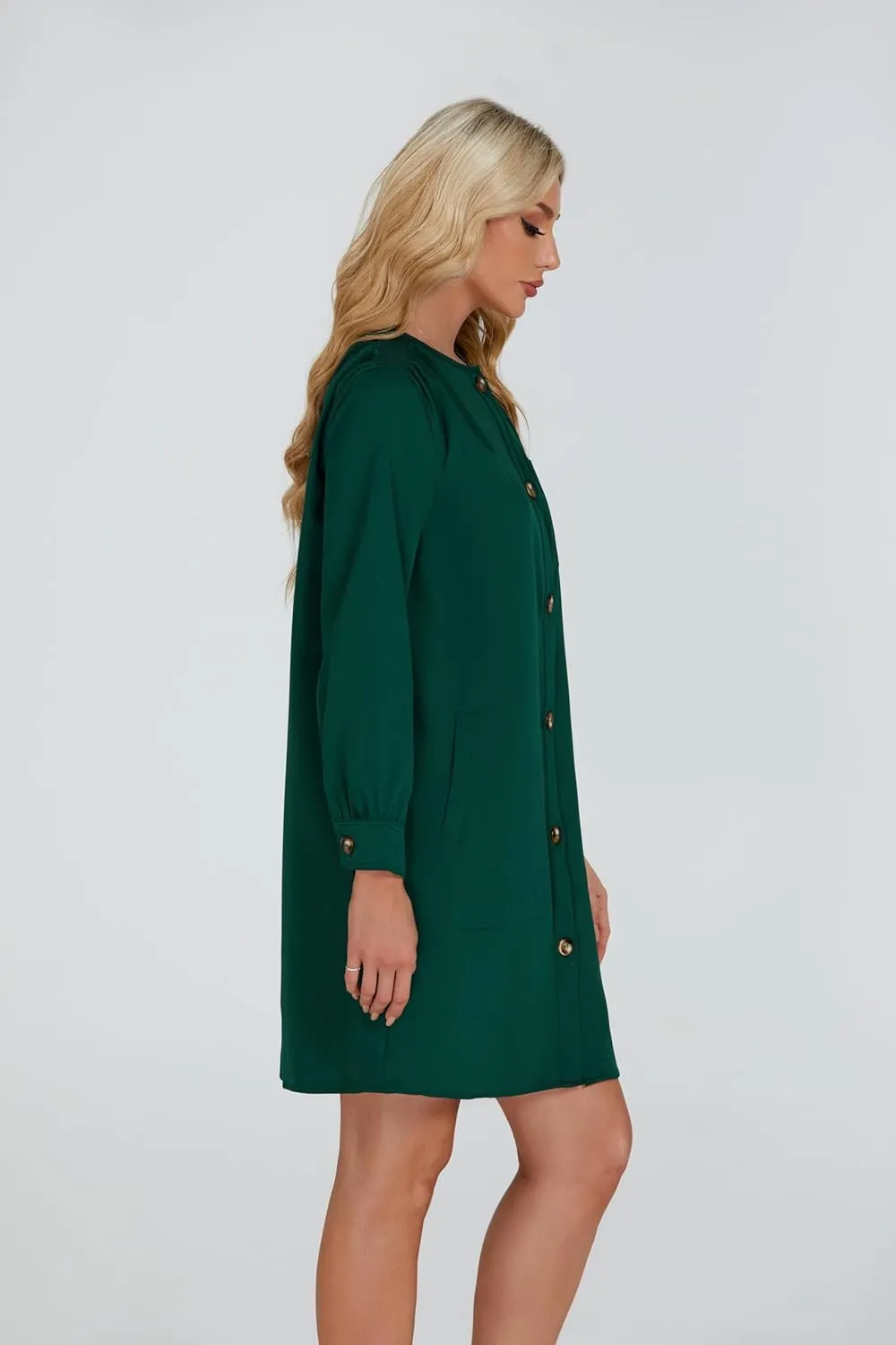 Women's Button Down Mini Dress Long Puff Sleeve Loose Fit Shift Dresses with Pockets