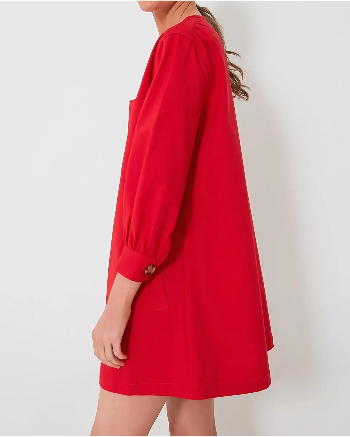Women's Button Down Mini Dress Long Puff Sleeve Loose Fit Shift Dresses with Pockets