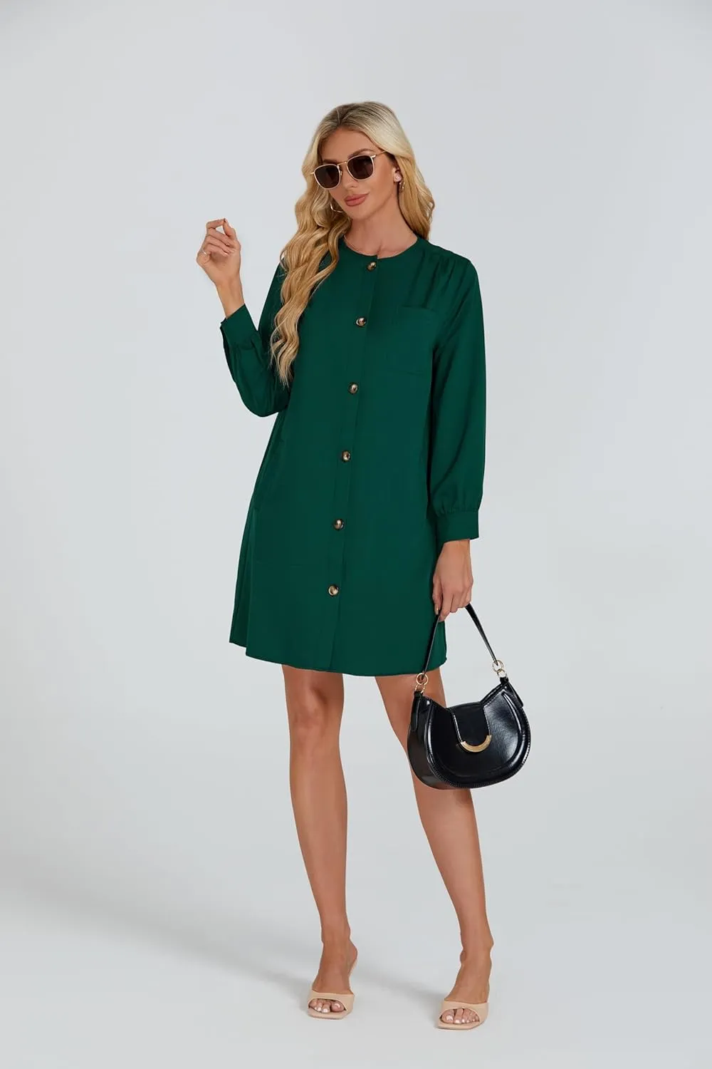 Women's Button Down Mini Dress Long Puff Sleeve Loose Fit Shift Dresses with Pockets