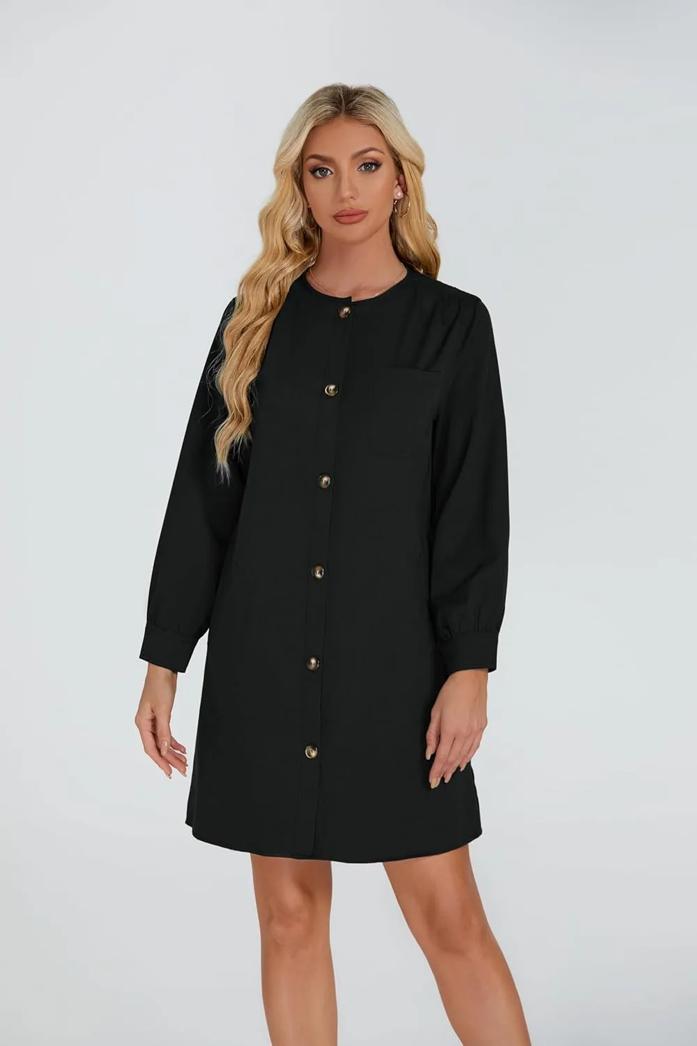 Women's Button Down Mini Dress Long Puff Sleeve Loose Fit Shift Dresses with Pockets