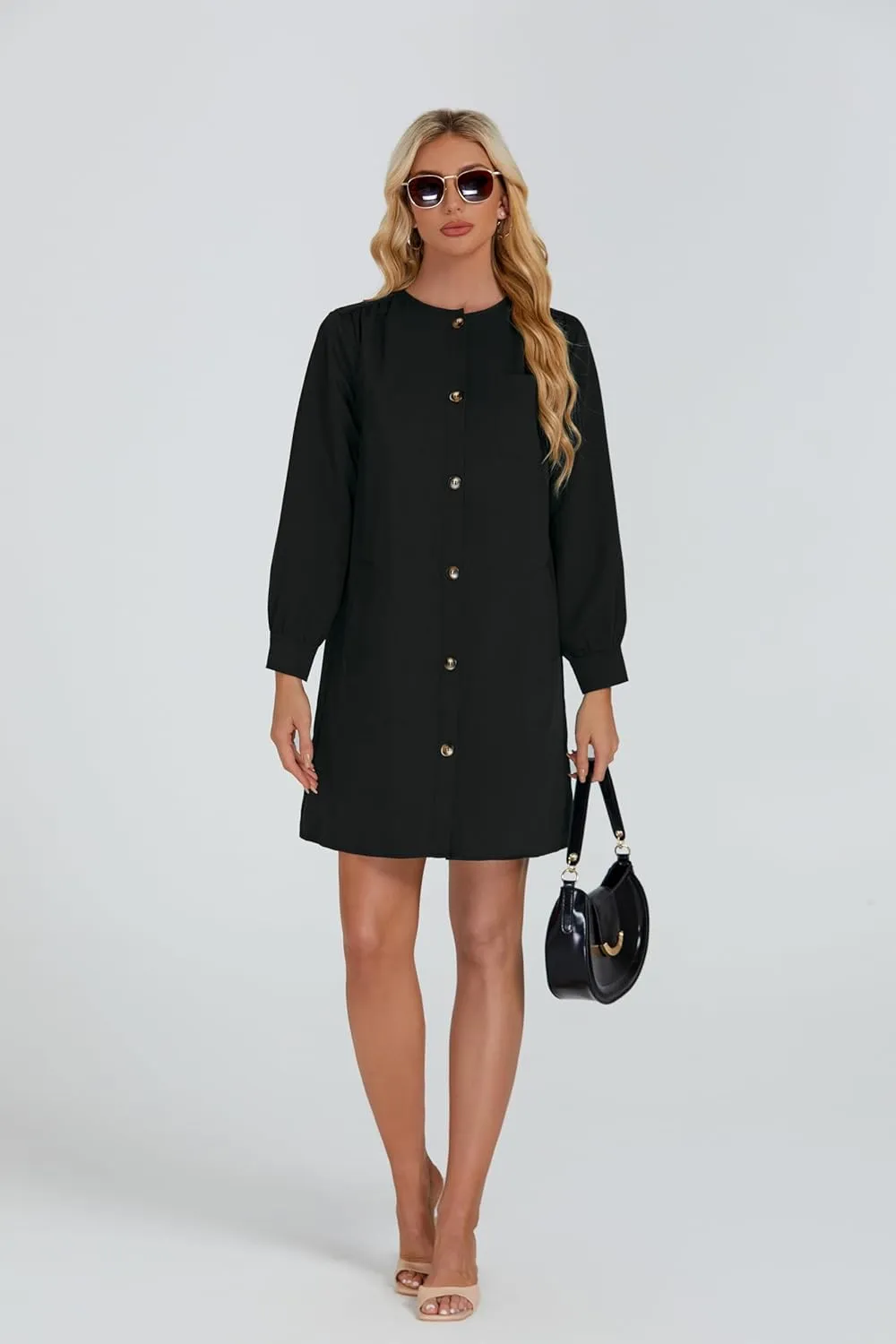 Women's Button Down Mini Dress Long Puff Sleeve Loose Fit Shift Dresses with Pockets
