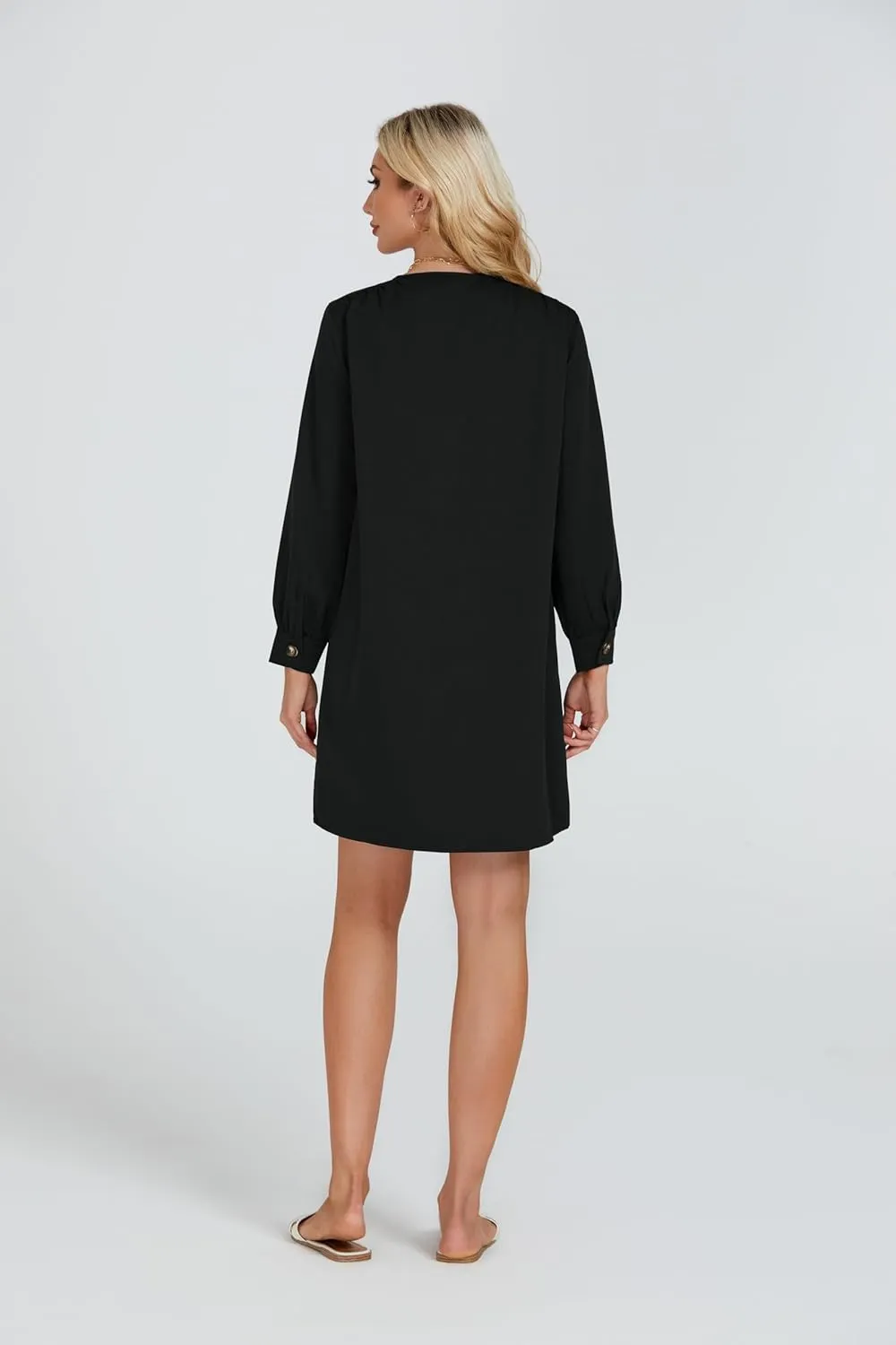 Women's Button Down Mini Dress Long Puff Sleeve Loose Fit Shift Dresses with Pockets
