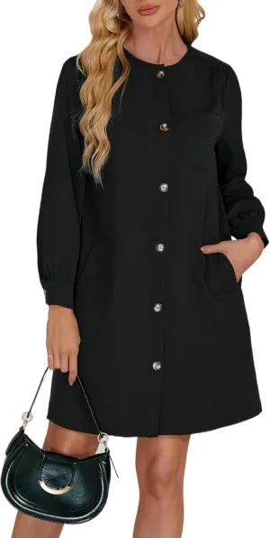 Women's Button Down Mini Dress Long Puff Sleeve Loose Fit Shift Dresses with Pockets