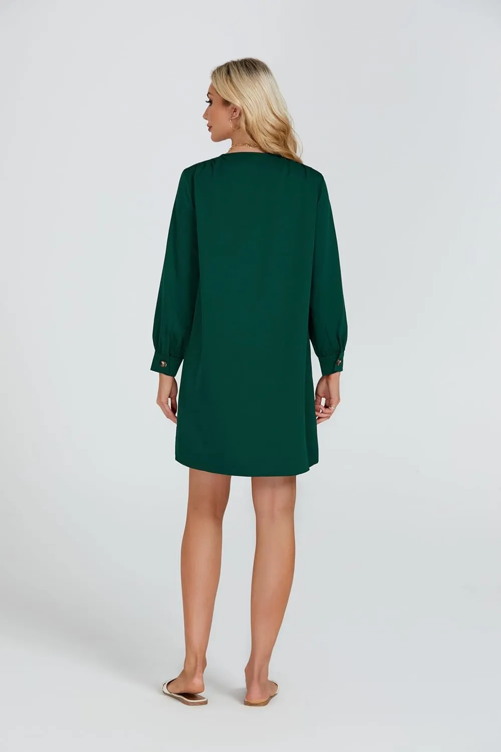 Women's Button Down Mini Dress Long Puff Sleeve Loose Fit Shift Dresses with Pockets
