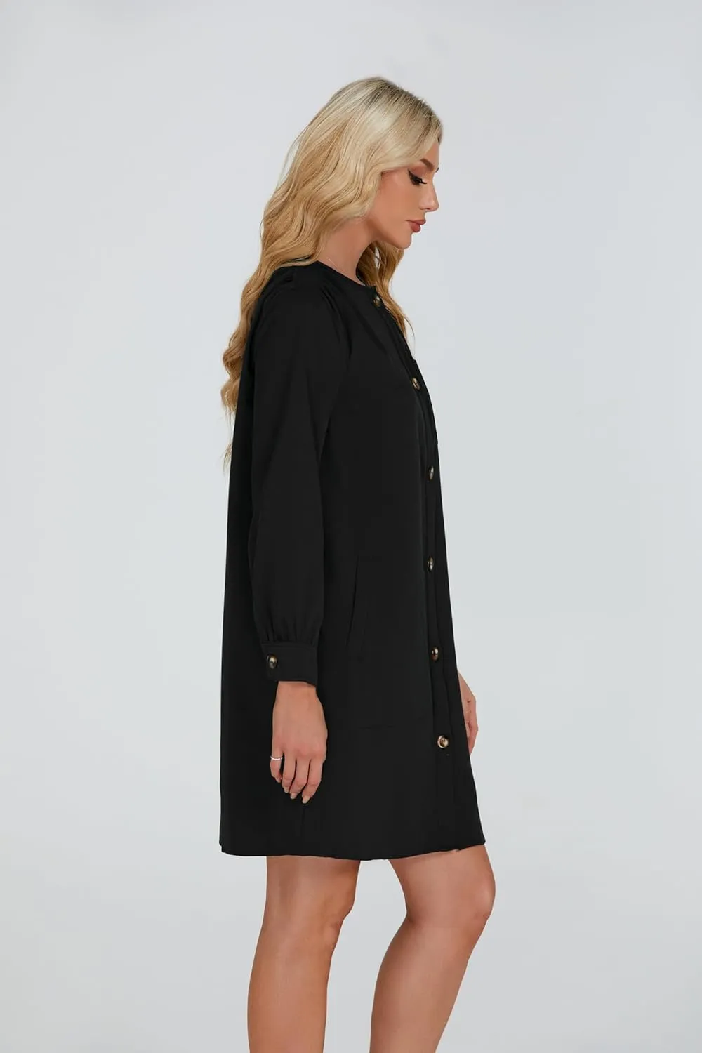 Women's Button Down Mini Dress Long Puff Sleeve Loose Fit Shift Dresses with Pockets
